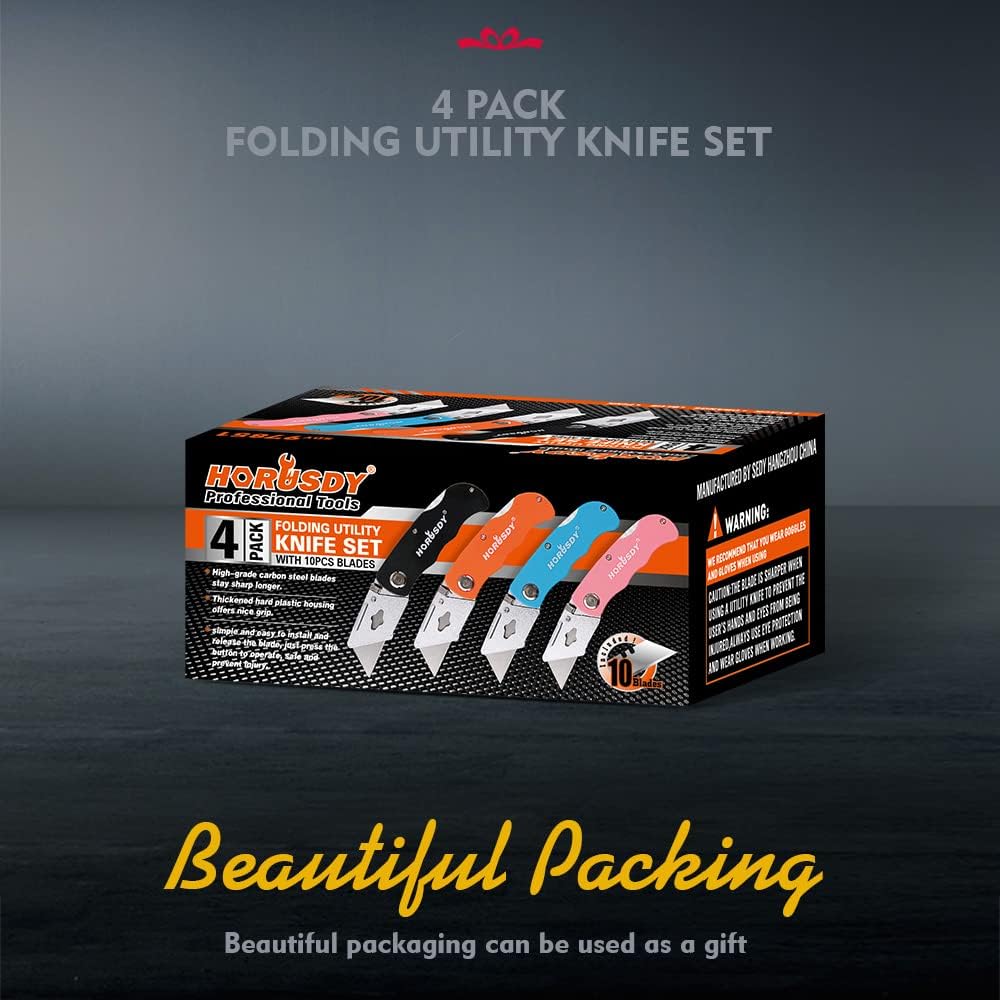 HORUSDY folding utility knife set with SK5 blades, 4 ergonomic aluminum box cutters in multiple colors for cutting cardboard, plastic, leather, and PVC