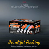HORUSDY folding utility knife set with SK5 blades, 4 ergonomic aluminum box cutters in multiple colors for cutting cardboard, plastic, leather, and PVC