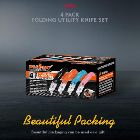 HORUSDY folding utility knife set with SK5 blades, 4 ergonomic aluminum box cutters in multiple colors for cutting cardboard, plastic, leather, and PVC