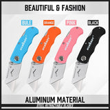 HORUSDY folding utility knife set with SK5 blades, 4 ergonomic aluminum box cutters in multiple colors for cutting cardboard, plastic, leather, and PVC