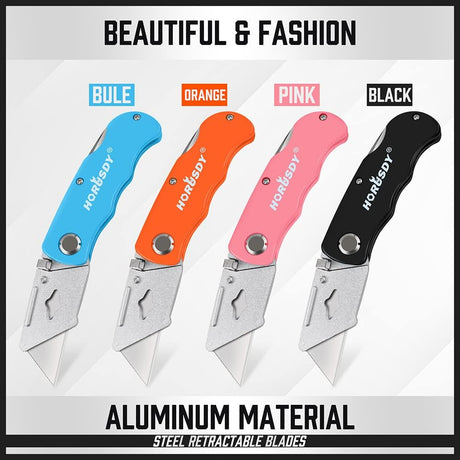 HORUSDY folding utility knife set with SK5 blades, 4 ergonomic aluminum box cutters in multiple colors for cutting cardboard, plastic, leather, and PVC