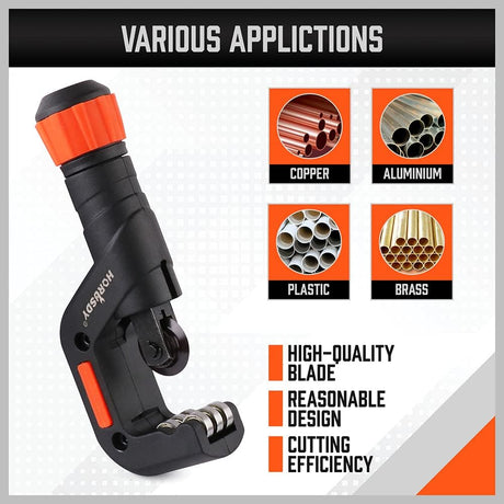  pipe and tube cutter tool kit with deburring tool for copper, plastic, aluminum, and brass tubing, includes storage case
