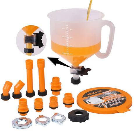 HORUSDY no spill coolant funnel kit with scale, shut-off valve, and multi-size adapters for radiator filling and automotive cooling system maintenance