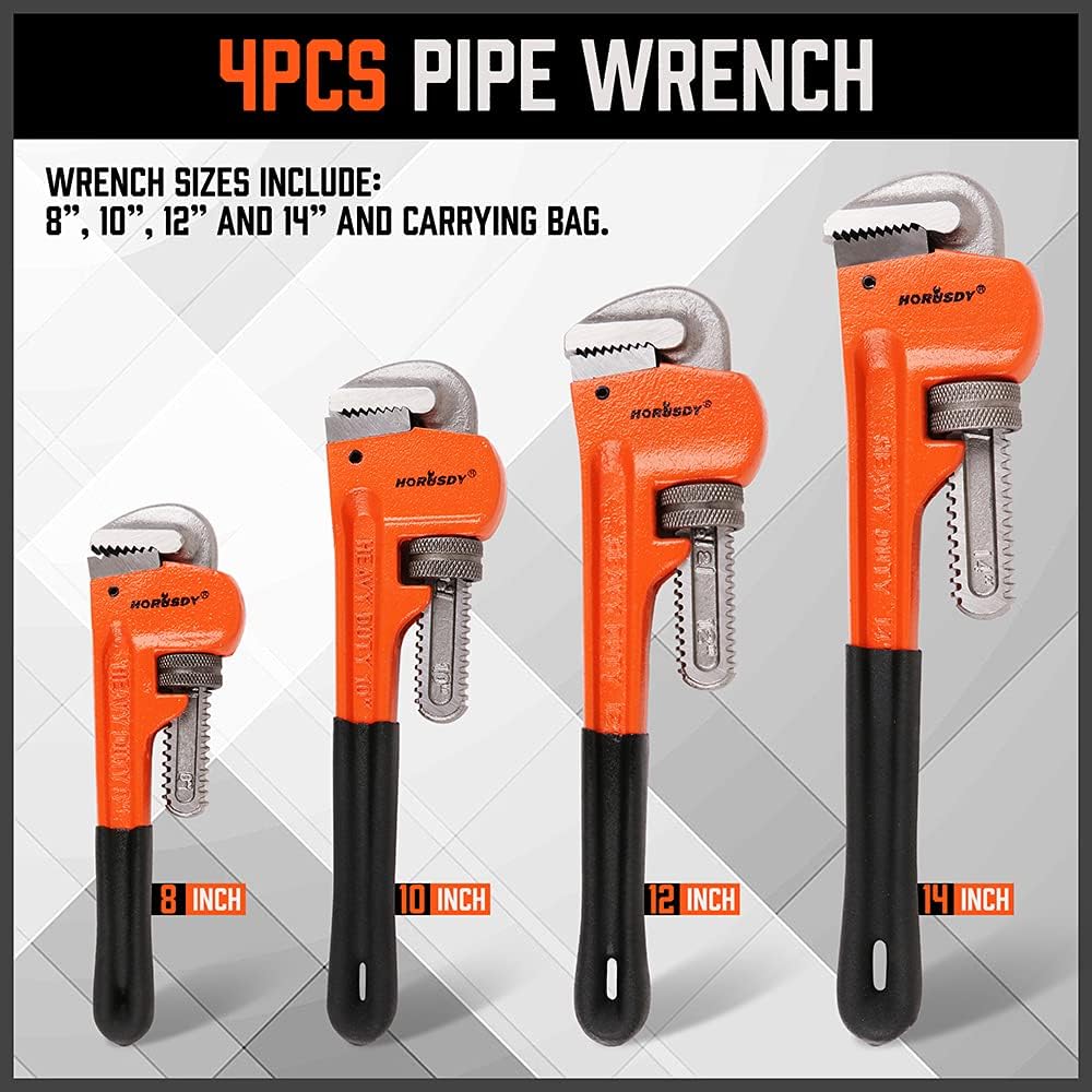 HORUSDY 4-piece heavy duty pipe wrench set in multiple sizes with precision jaws and carrying roll-up bag for plumbing and pipe repair.