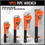 HORUSDY 4-piece heavy duty pipe wrench set in multiple sizes with precision jaws and carrying roll-up bag for plumbing and pipe repair.