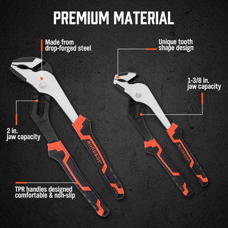 2-piece adjustable groove joint pliers set with ergonomic anti-slip handles and large jaw capacity for plumbing and mechanical work