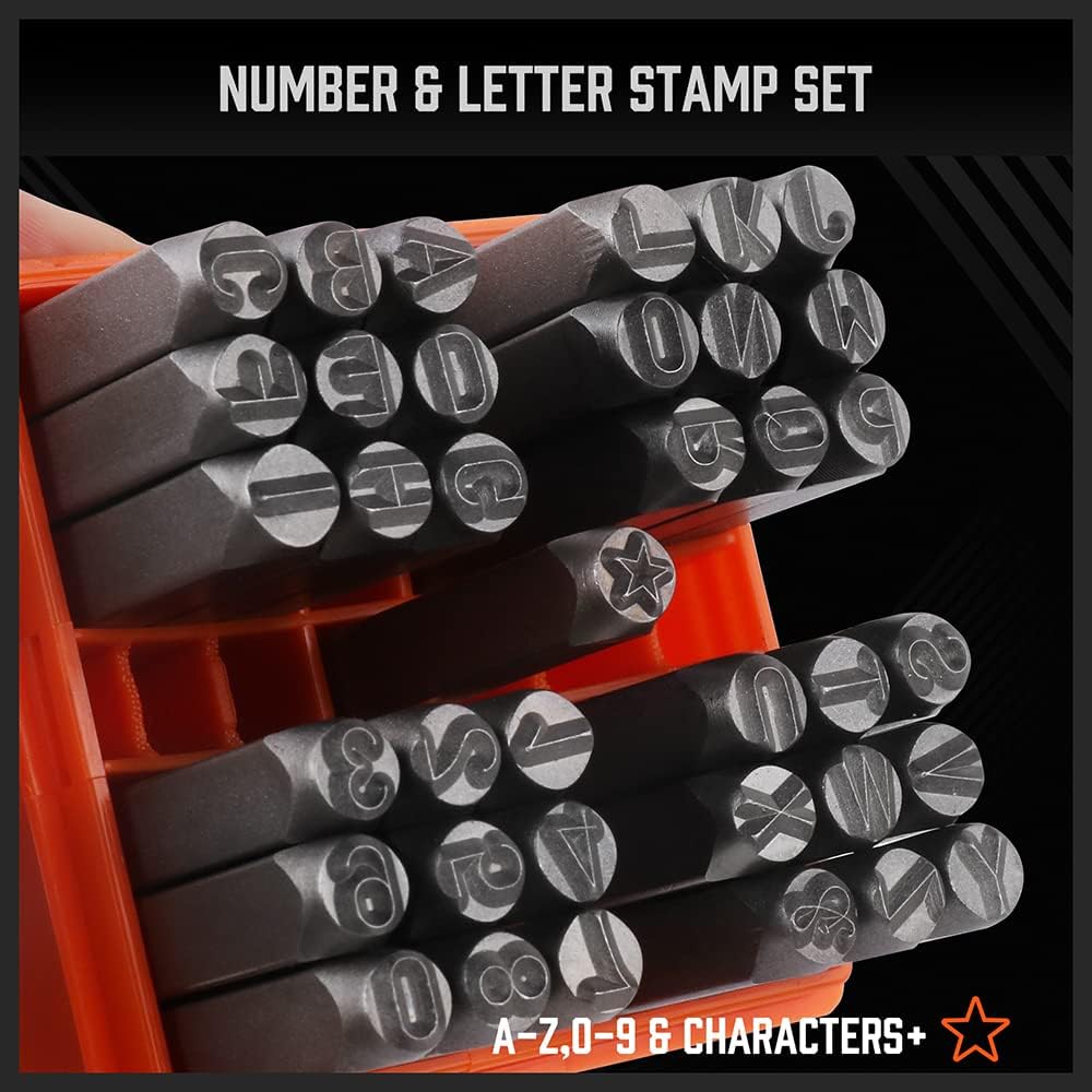 HORUSDY 6mm metal letter and number stamp set for jewelry, leather, and metal marking, with storage case