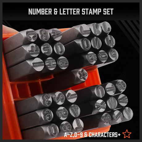 HORUSDY 6mm metal letter and number stamp set for jewelry, leather, and metal marking, with storage case