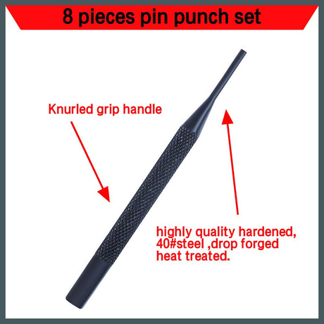 HORUSDY 8-piece pin punch set with labeled sizes and storage pouch for gunsmithing and mechanical repairs