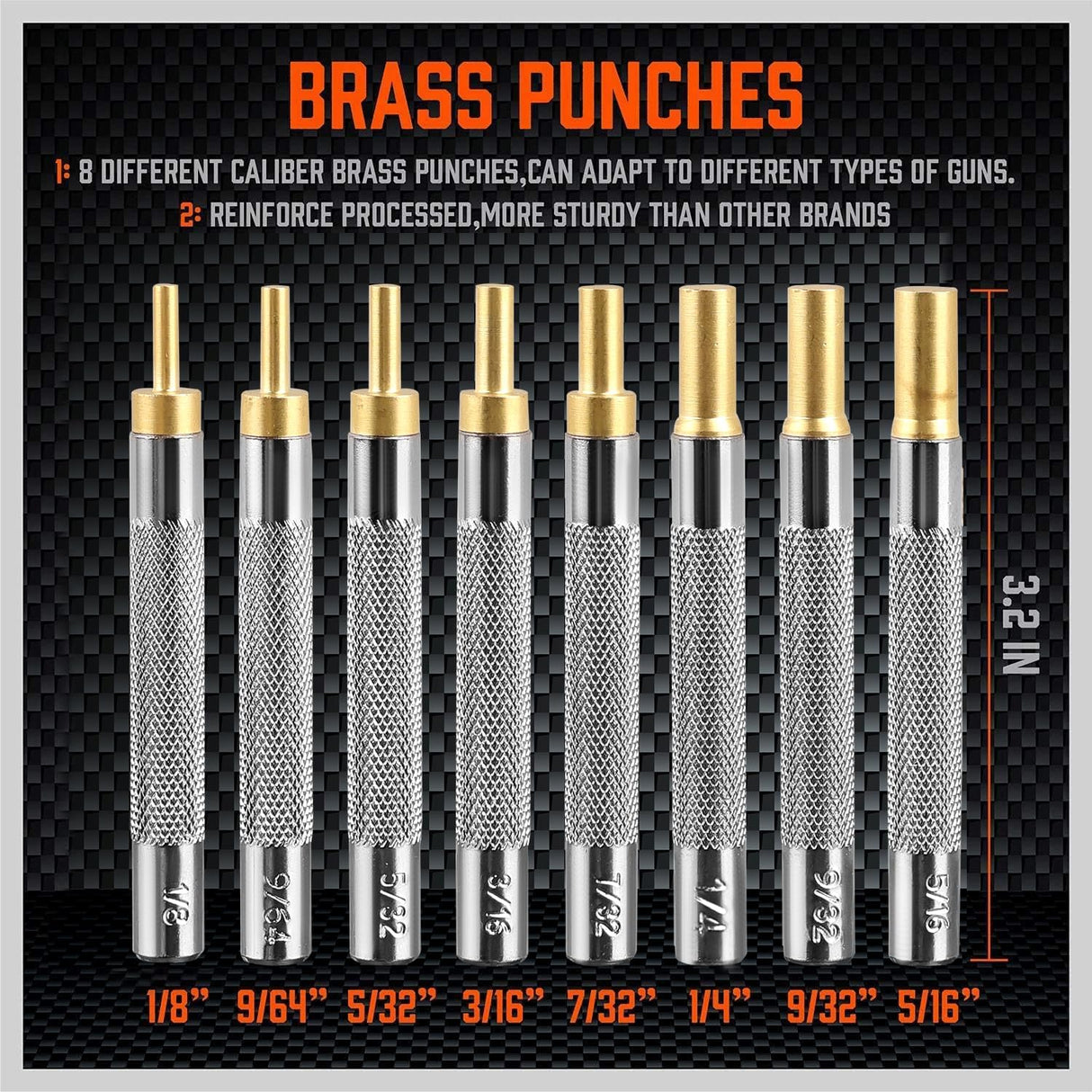 HORUSDY 22-piece roll pin punch set with dual-head hammer, brass, steel, plastic punches, and organized carry case.