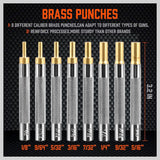 HORUSDY 22-piece roll pin punch set with dual-head hammer, brass, steel, plastic punches, and organized carry case.