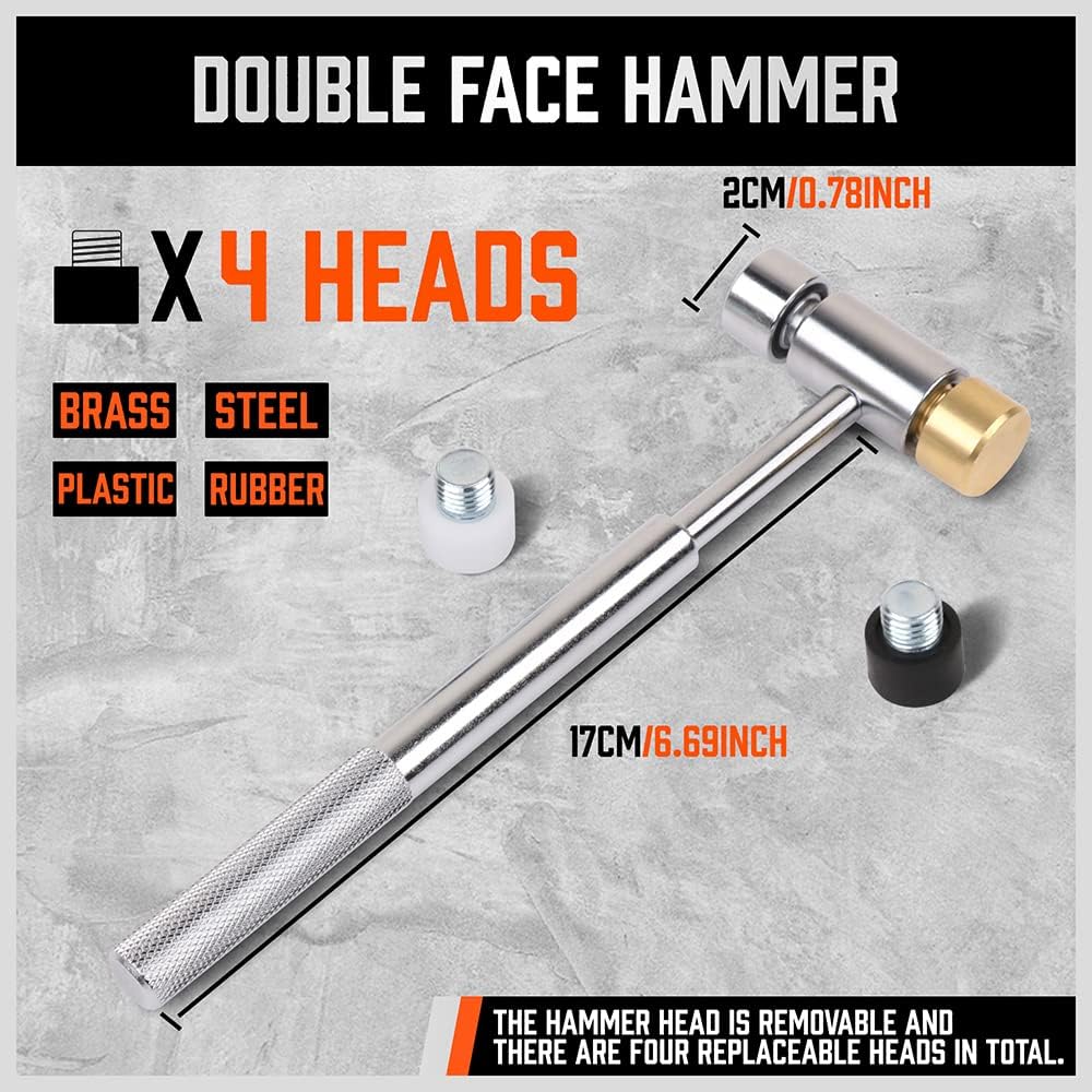 HORUSDY 22-piece roll pin punch set with dual-head hammer, brass, steel, plastic punches, and organized carry case.