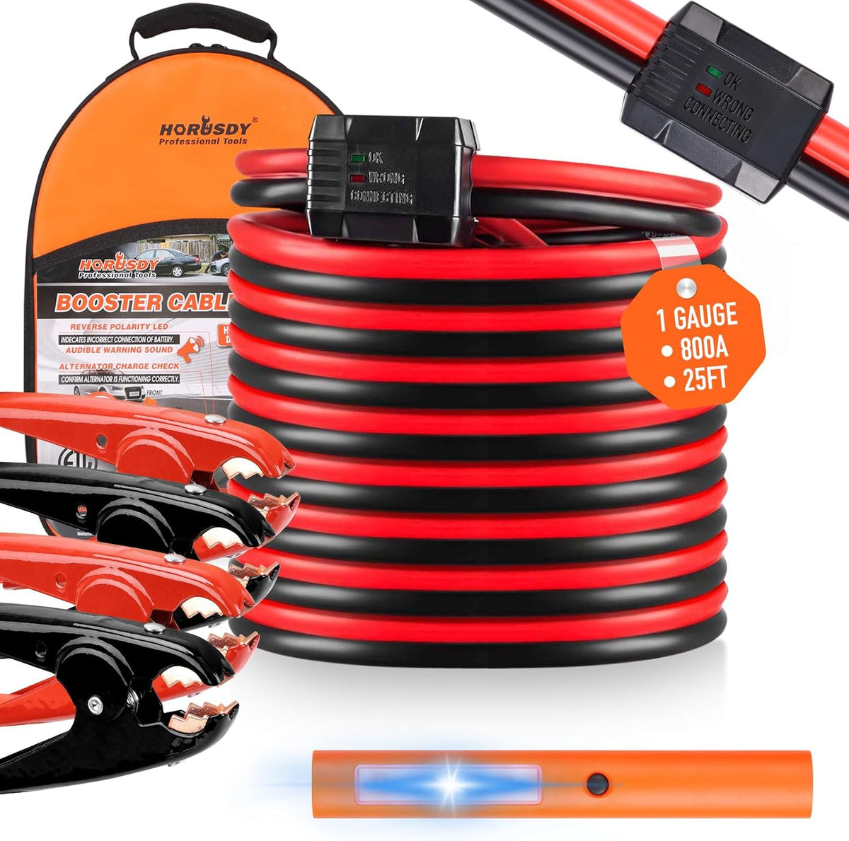 HORUSDY 25FT jumper cables with LED light, smart protector, heavy duty clamps, and carry bag for car battery jump start
