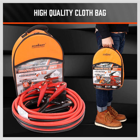 HORUSDY 25FT jumper cables with LED light, smart protector, heavy duty clamps, and carry bag for car battery jump start