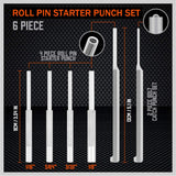 7-piece roll pin starter punch and bolt catch tool set with textured non-slip grip and storage pouch