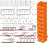 Pegboard hook assortment kit with bins, peg locks, and various tool hanging options for wall-mounted storage
