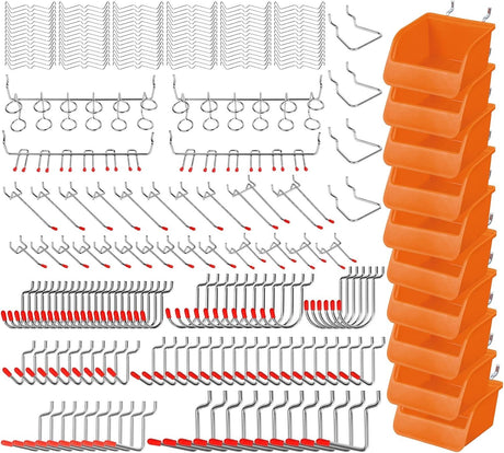 Pegboard hook assortment kit with bins, peg locks, and various tool hanging options for wall-mounted storage