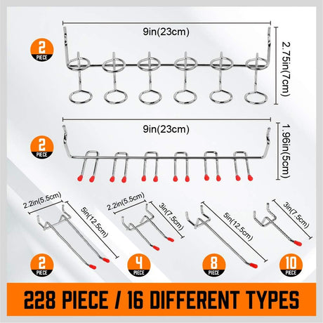 Pegboard hook assortment kit with bins, peg locks, and various tool hanging options for wall-mounted storage