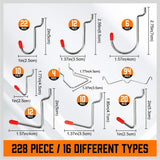 Pegboard hook assortment kit with bins, peg locks, and various tool hanging options for wall-mounted storage