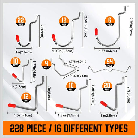 Pegboard hook assortment kit with bins, peg locks, and various tool hanging options for wall-mounted storage