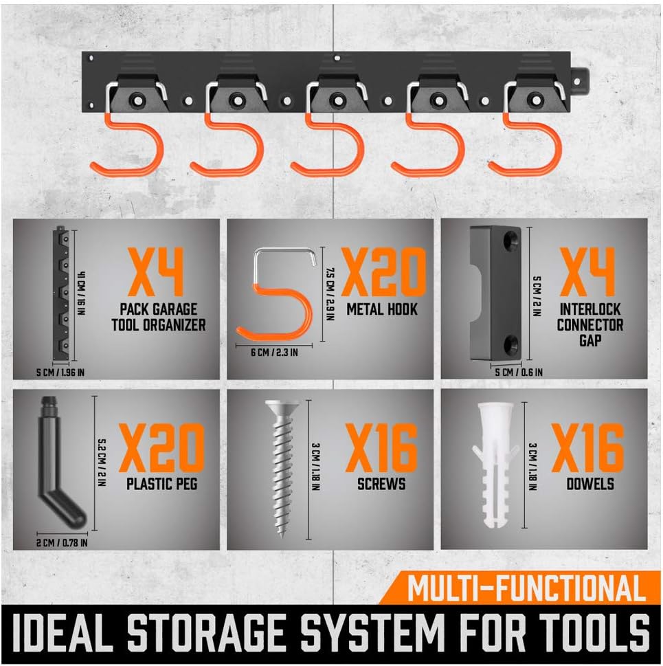 Wall-mounted 64-inch garage tool organizer rack with adjustable hooks and pegs for shovel, broom, rake, and tool storage.