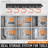 Wall-mounted 64-inch garage tool organizer rack with adjustable hooks and pegs for shovel, broom, rake, and tool storage.