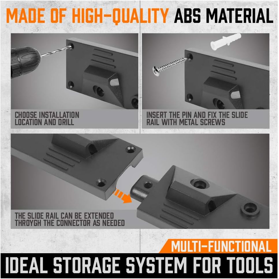 Wall-mounted 64-inch garage tool organizer rack with adjustable hooks and pegs for shovel, broom, rake, and tool storage.
