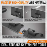 Wall-mounted 64-inch garage tool organizer rack with adjustable hooks and pegs for shovel, broom, rake, and tool storage.
