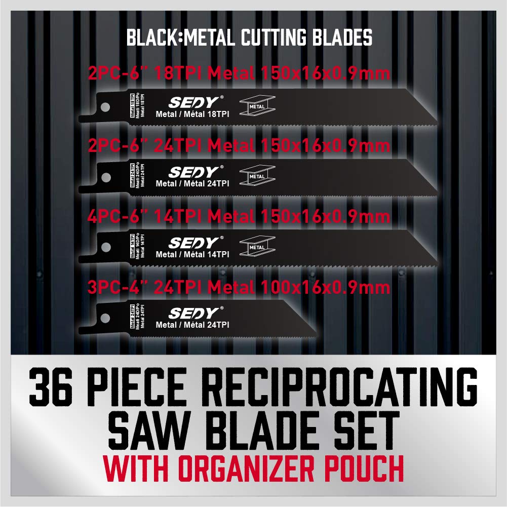 36-Piece Reciprocating Saw Blade Set for Wood and Metal, Includes Organizer Pouch