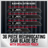 36-Piece Reciprocating Saw Blade Set for Wood and Metal, Includes Organizer Pouch