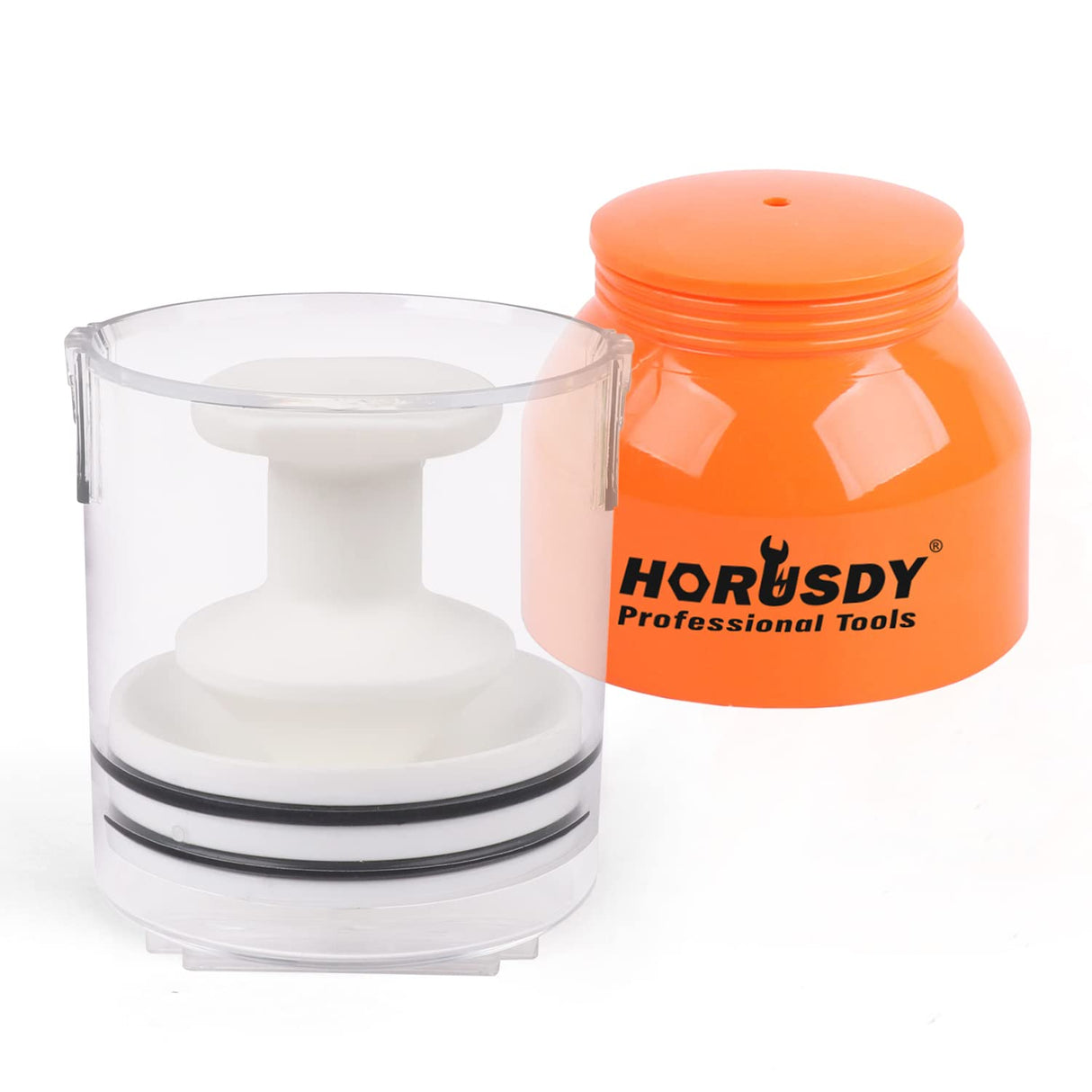 Manual bearing grease packer with clear cup and spring-loaded plunger for wheel bearings up to 3.5 inches, no air line or grease gun needed