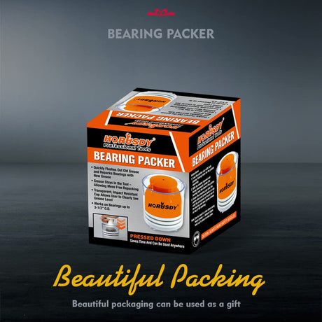 Manual bearing grease packer with clear cup and spring-loaded plunger for wheel bearings up to 3.5 inches, no air line or grease gun needed