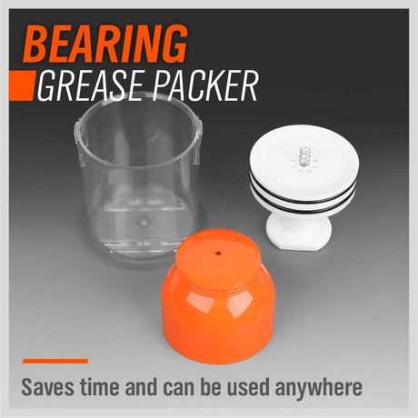 Manual bearing grease packer with clear cup and spring-loaded plunger for wheel bearings up to 3.5 inches, no air line or grease gun needed