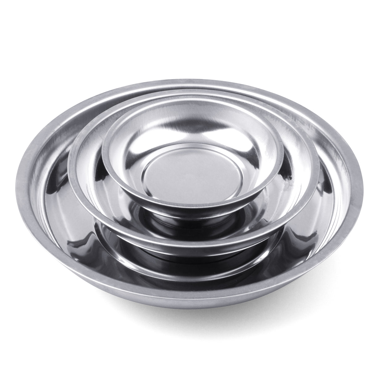 3-piece stainless steel magnetic parts tray set with strong base magnets in 3, 4, and 6 inch sizes