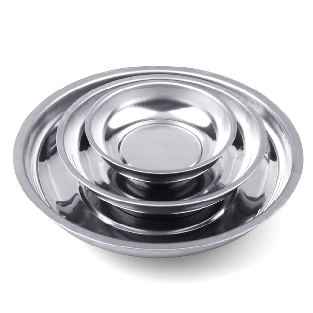 3-piece stainless steel magnetic parts tray set with strong base magnets in 3, 4, and 6 inch sizes