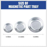 3-piece stainless steel magnetic parts tray set with strong base magnets in 3, 4, and 6 inch sizes