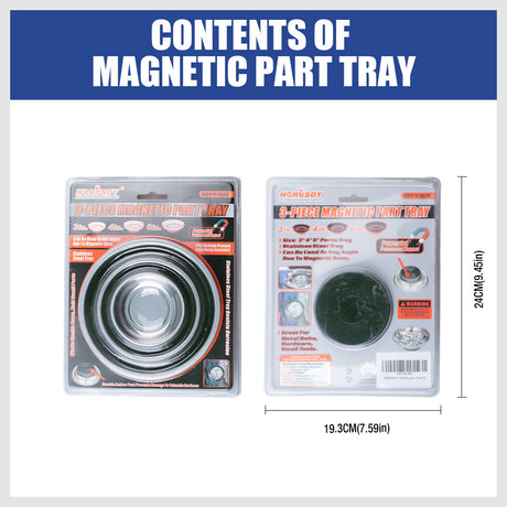 3-piece stainless steel magnetic parts tray set with strong base magnets in 3, 4, and 6 inch sizes