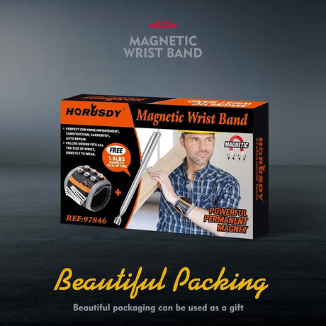Magnetic wristband with screws and pickup tool for holding nails, bolts, and drill bits during repairs