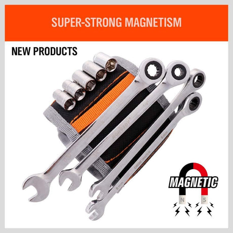 Magnetic wristband with screws and pickup tool for holding nails, bolts, and drill bits during repairs