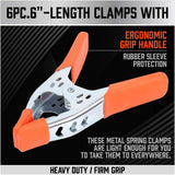 6-inch heavy duty metal spring clamps with orange PVC coated tips for woodworking and home projects