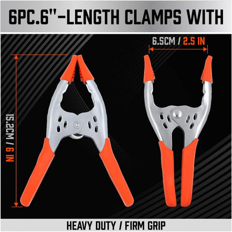 6-inch heavy duty metal spring clamps with orange PVC coated tips for woodworking and home projects