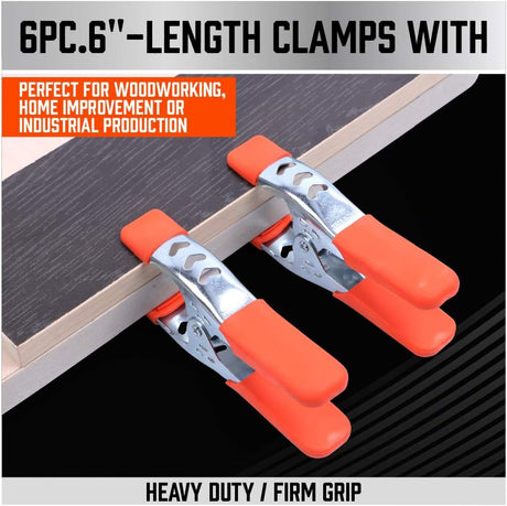 6-inch heavy duty metal spring clamps with orange PVC coated tips for woodworking and home projects