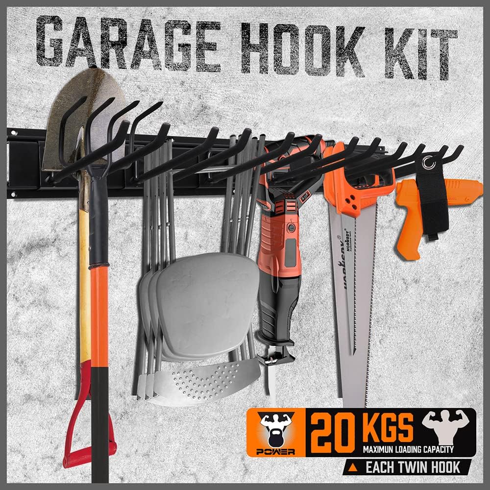 HORUSDY 14PCS adjustable heavy duty wall mount garage tool storage hook rack with steel rail system