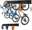 HORUSDY 16-piece wall mount garage hook system with adjustable bike storage hooks, heavy duty rails, and easy installation for bikes and helmets.