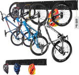 HORUSDY 16-piece wall mount garage hook system with adjustable bike storage hooks, heavy duty rails, and easy installation for bikes and helmets.