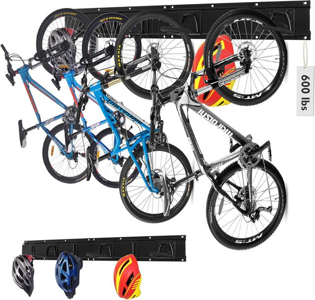 HORUSDY 16-piece wall mount garage hook system with adjustable bike storage hooks, heavy duty rails, and easy installation for bikes and helmets.