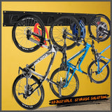 HORUSDY 16-piece wall mount garage hook system with adjustable bike storage hooks, heavy duty rails, and easy installation for bikes and helmets.