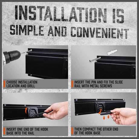 HORUSDY 16-piece wall mount garage hook system with adjustable bike storage hooks, heavy duty rails, and easy installation for bikes and helmets.
