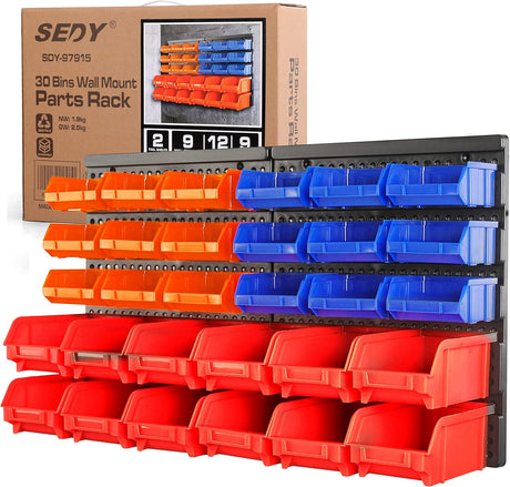 SEDY 30-bin wall mounted parts rack with pegboard panel, assorted color-coded storage bins, ideal for garage, workshop, and tool room organization