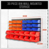 SEDY 30-bin wall mounted parts rack with pegboard panel, assorted color-coded storage bins, ideal for garage, workshop, and tool room organization
